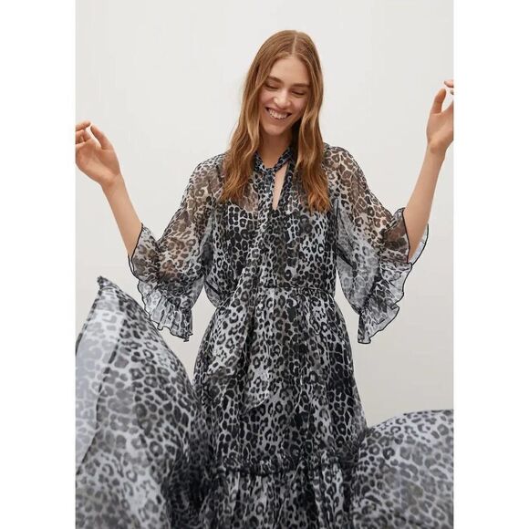Mango Animal Print Long Ruffle Dress New - Picture 4 of 11